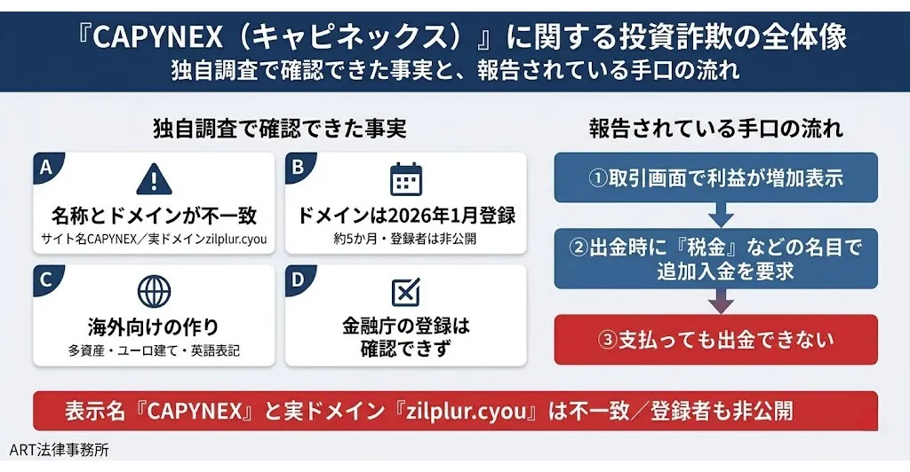 「CAPYNEX」に関する投資詐欺の全体像のインフォグラフィック