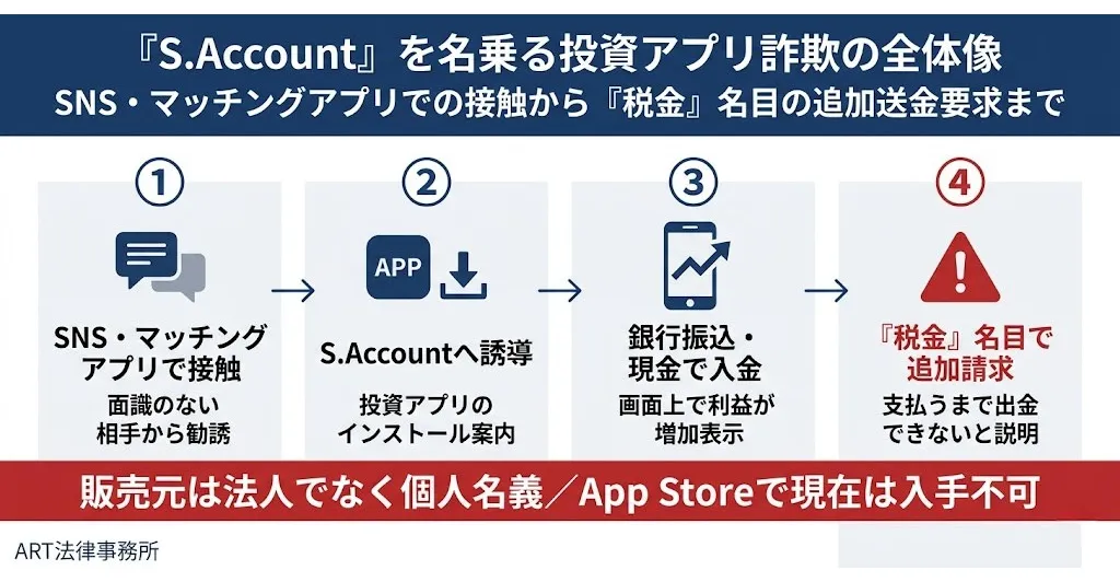 「S.Account」を名乗る投資アプリ詐欺の全体像のインフォグラフィック
