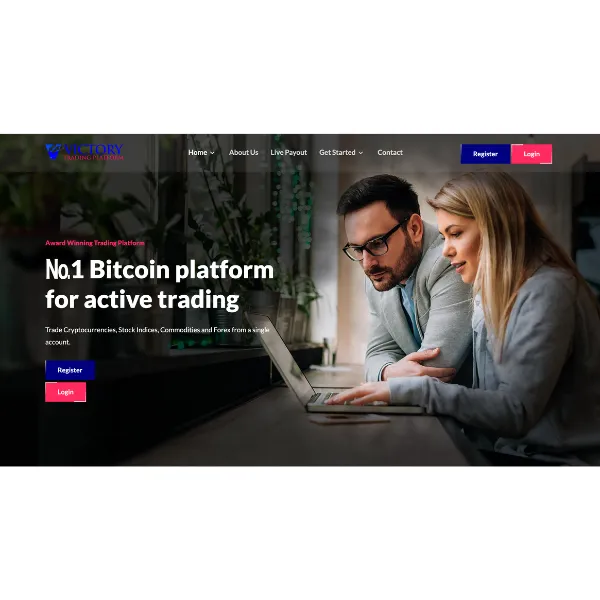 victorytradingplatform.comのトップ画面。「No.1 Bitcoin platform for active trading」と表示