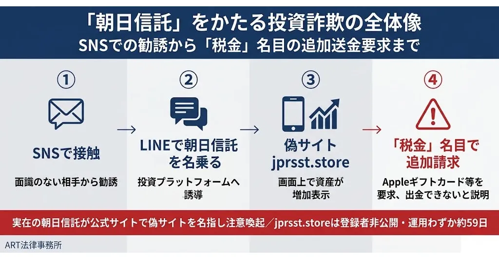 「朝日信託」をかたる投資詐欺の全体像のインフォグラフィック