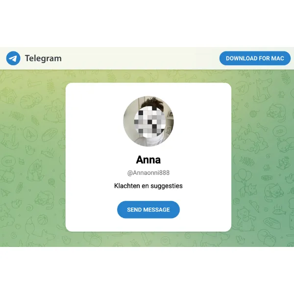 問い合わせアイコンをタップすると遷移するTelegramの個人アカウント画面