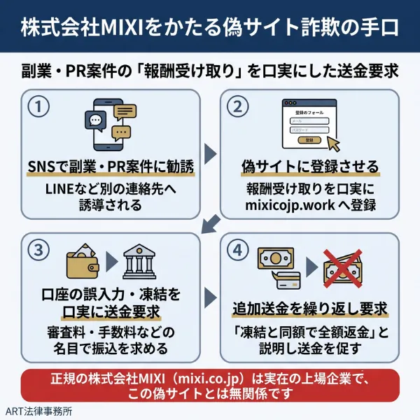 MIXI偽サイト詐欺の手口の流れ
