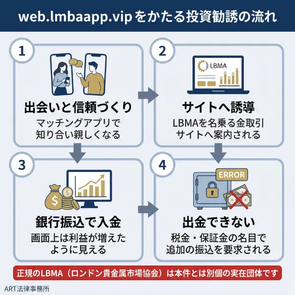LBMAをかたる投資勧誘の手口の流れを示す図