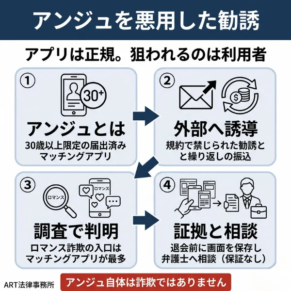 アンジュの利用者を狙う投資・副業詐欺の全体像を示すインフォグラフィック
