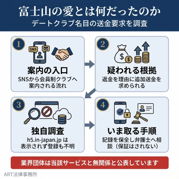 富士山の愛のデートクラブ名目の詐欺の全体像を示すインフォグラフィック
