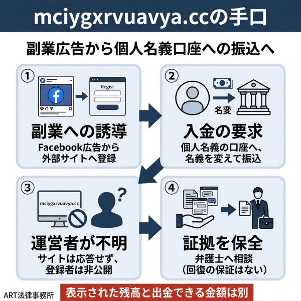 mciygxrvuavya.ccの副業詐欺の全体像を示すインフォグラフィック