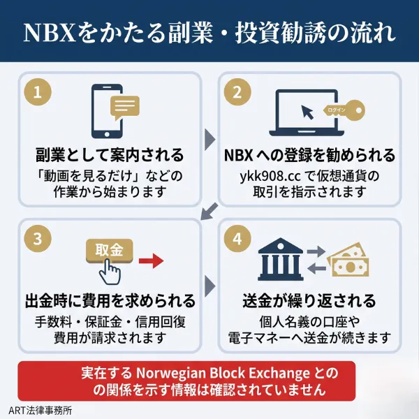 NBXをかたる副業勧誘の手口の流れを示す図