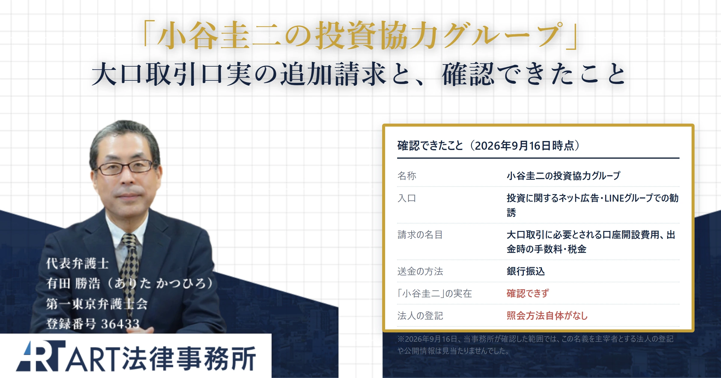 小谷圭二の投資協力グループ|ART法律事務所 の調査記録
